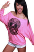 Sexy Skull Print Off Neck Pink Long Sleeve T-shirt